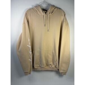 White Fox Tan Hoodie Sweatshirt Script Sleeve Size M/L Loose Fit (flaw)